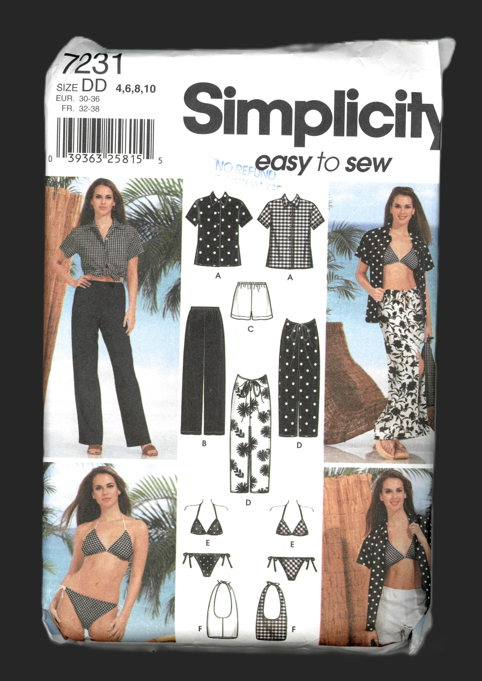Simplicity 7231 Misses Shirt, Pants or Shorts, Sarong Skirt, Two Piece Bathing Suit and Bag Sewing Pattern UNCUT  Size 4 6 8 10