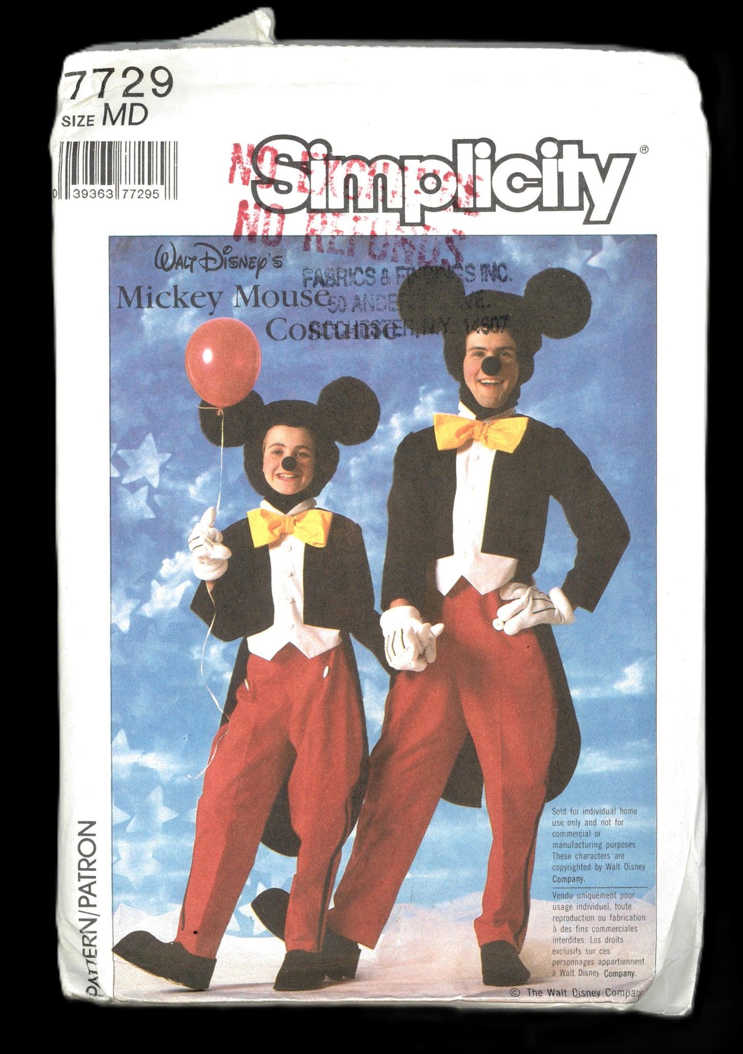 Simplicity 7729 Adults Walt Mickey Mouse Costume Sewing Pattern - UNCUT - Size Medium (36 - 38 )