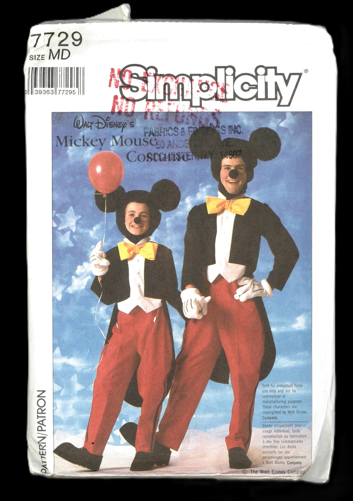 Simplicity 7729 Adults Walt Mickey Mouse Costume Sewing Pattern - UNCUT - Size Medium (36 - 38 )