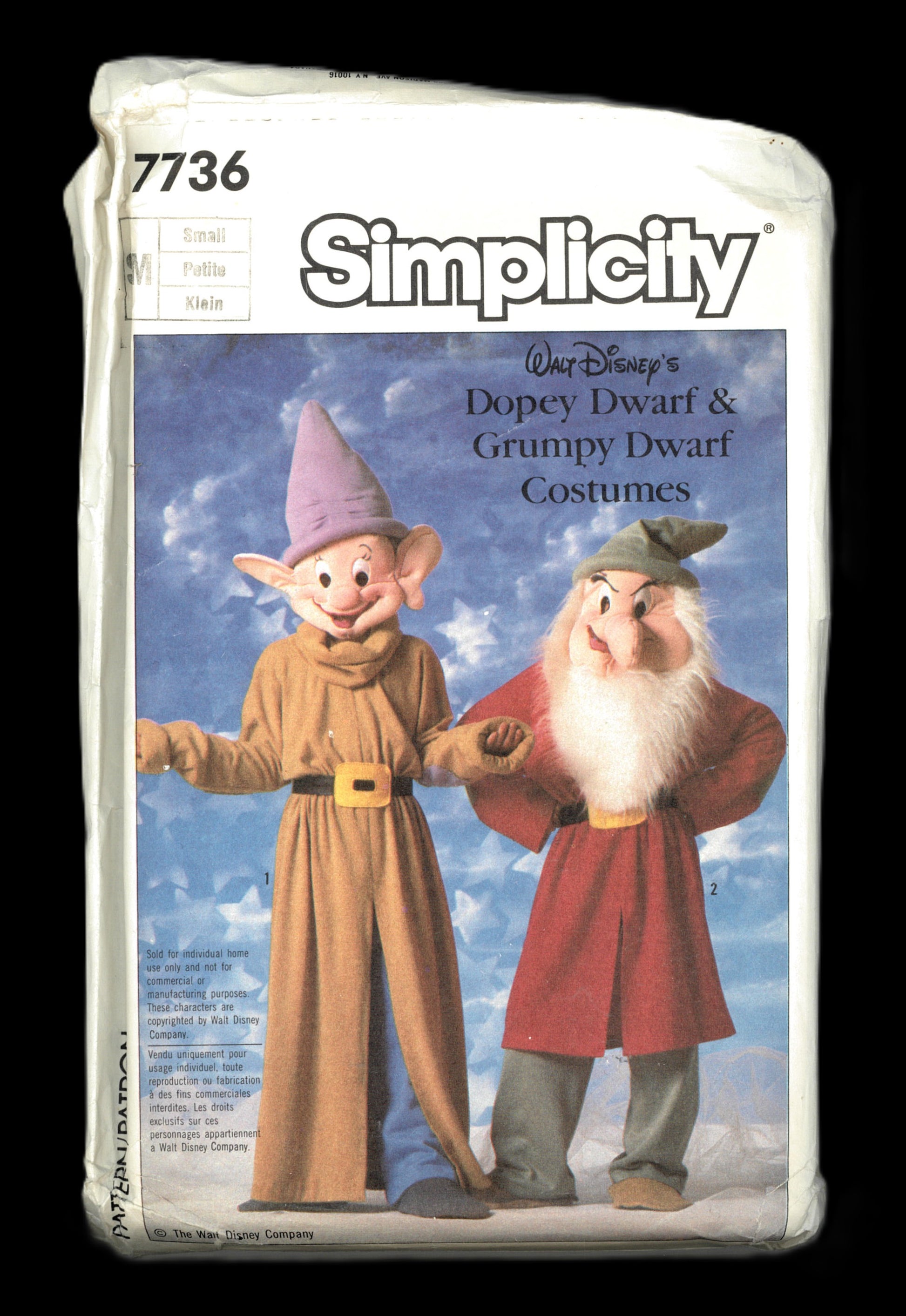 Simplicity 7736 Walt Disney, Snow White  Grumpy Dwarf and Dopey Dwarf Costumes Sewing Pattern - UNCUT - Size Small ( 32 - 34 )