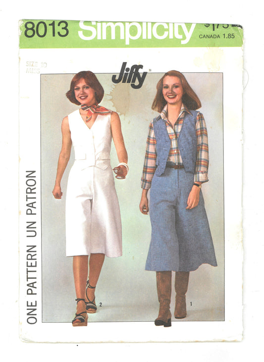 Simplicity 8013 Misses Jiffy Pantskirt in Two Lengths and Vest Sewing Pattern - UNCUT - Size 10