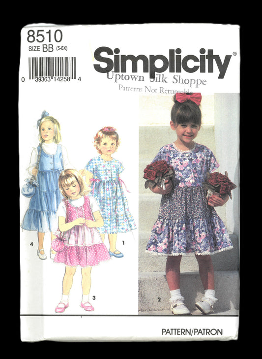 Simplicity 8510 Girls Dress and Jumper, Each in Two Lengths and Purse Sewing Pattern - UNCUT Size 5 6 6X