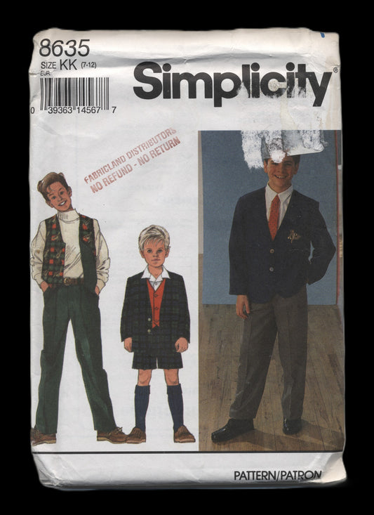 Simplicity 8635 Boys Pants or Shorts, Lined Vest and Jacket Sewing Pattern UNCUT Size 7 - 12 or Size 8 - 14