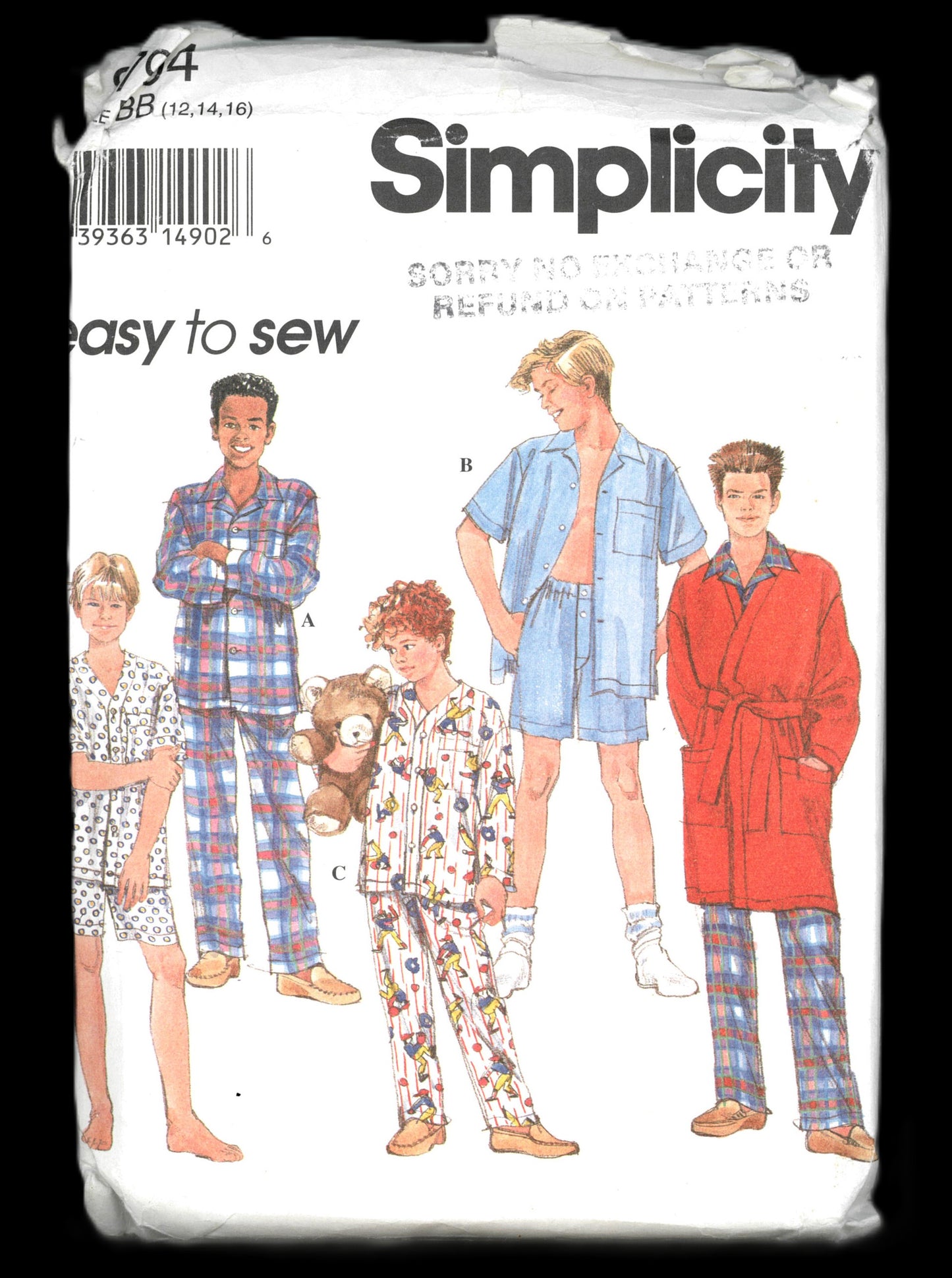 Simplicity 8794 Boys Teen Boys Pajamas in Two Lengths, Robe and Tie Belt Sewing Pattern UNCUT Size 12 14 16