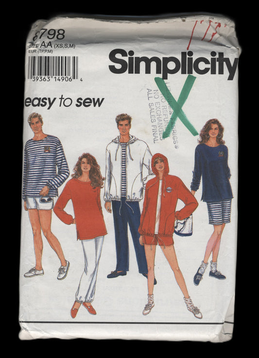 Simplicity 8798 Misses Men's and Teens Boys Pants or Shorts, Short Shorts, Top and Unlined Jacket Sewing Pattern - UNCUT Size XS S M
