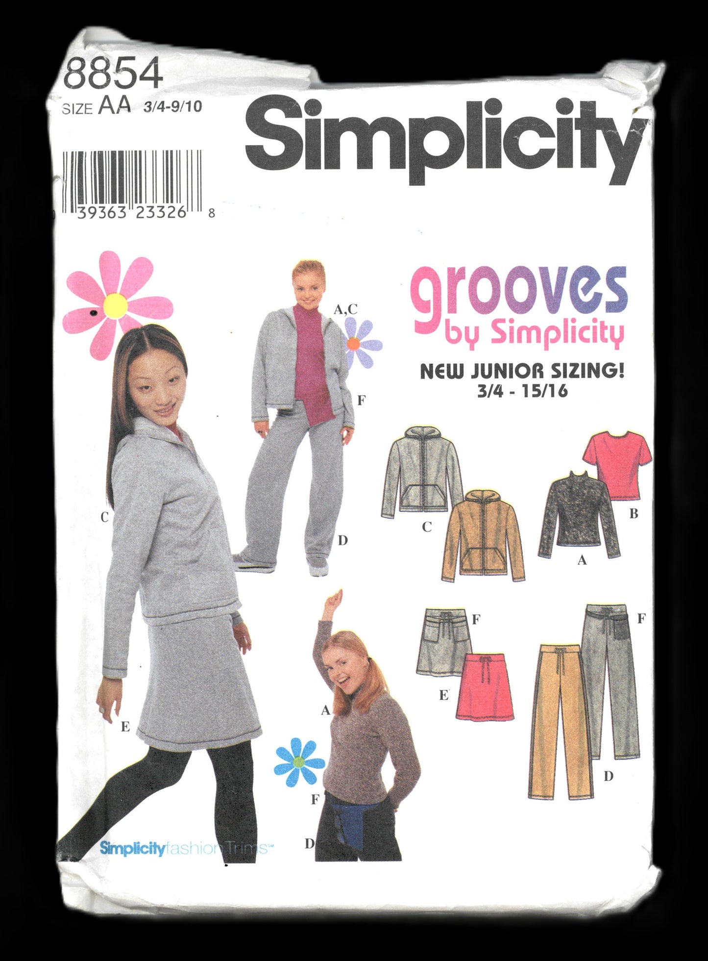 Simplicity 8854 Grooves Juniors Knit Top Jacket Pants and Skirt and Knit or Woven Belt Sewing Pattern  UNCUT Size 3/4 - 9/10