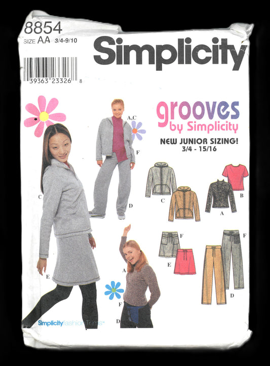 Simplicity 8854 Grooves Juniors Knit Top Jacket Pants and Skirt and Knit or Woven Belt Sewing Pattern  UNCUT Size 3/4 - 9/10
