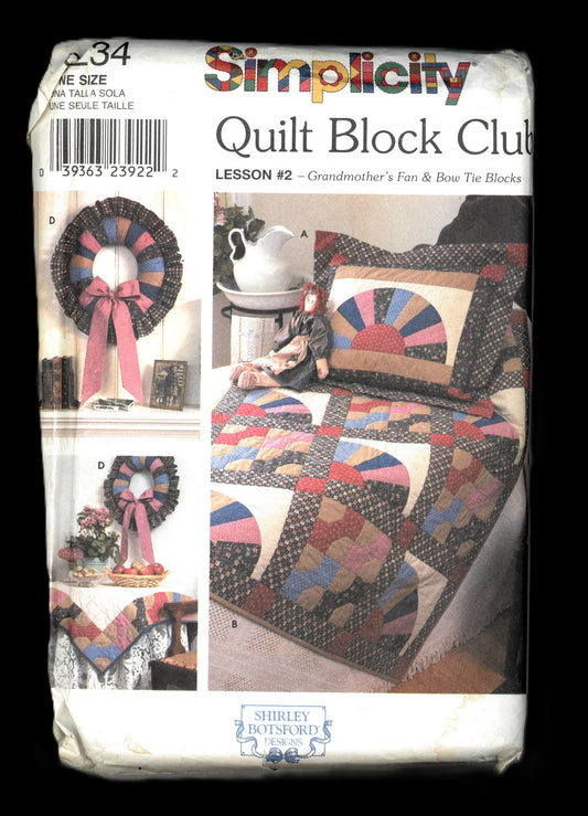 Simplicity 9234 Quilt Block Club Lesson# 2 Grandmothers Fan & Bow Tie BLocks  Sewing Pattern - UNCUT