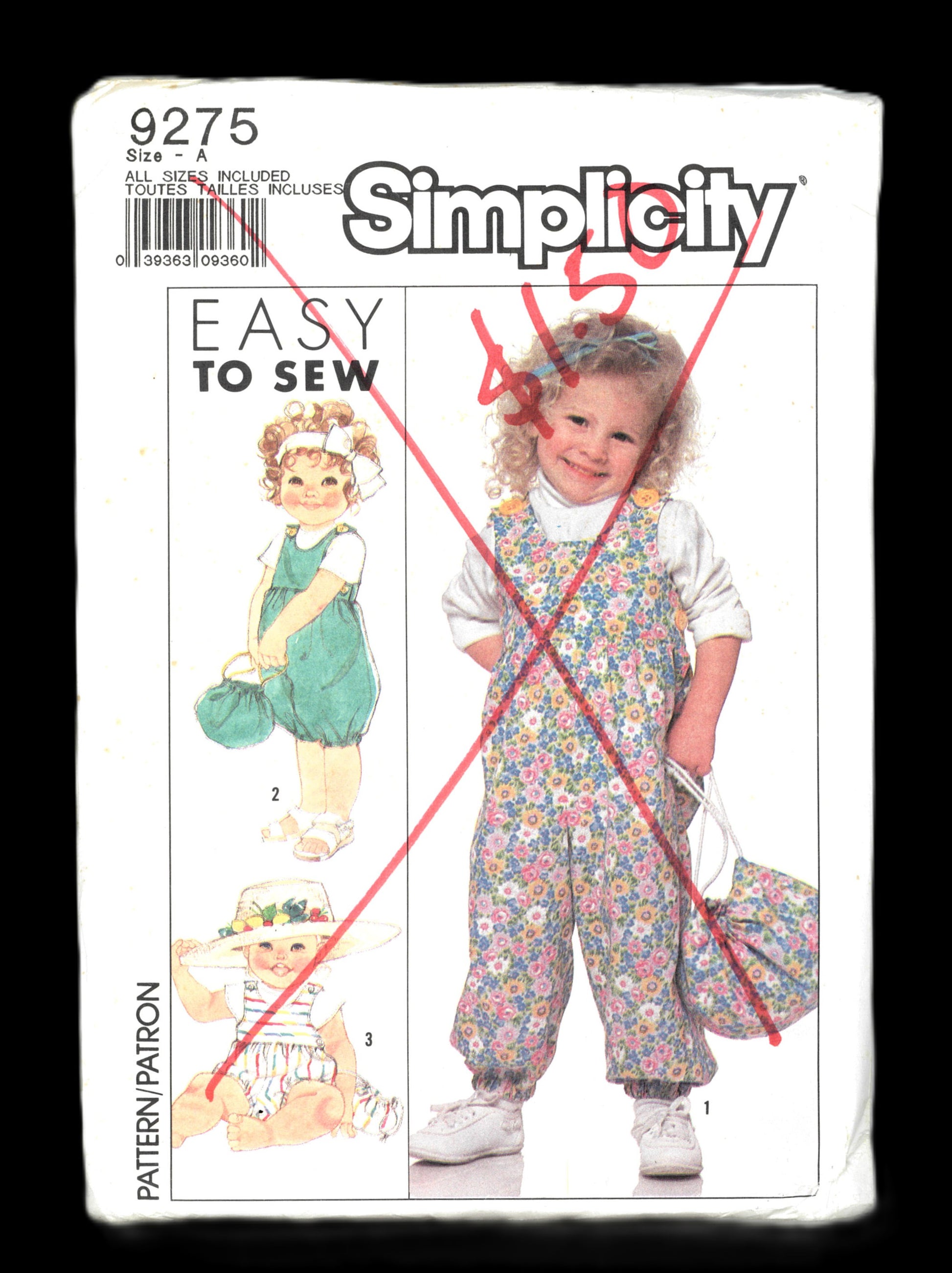 Simplicity 9275 Toddlers Overalls in Three LEngths and Bag Sewing Pattern - UNCUT - Size 1/2 1 2 3