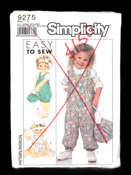 Simplicity 9275 Toddlers Overalls in Three LEngths and Bag Sewing Pattern - UNCUT - Size 1/2 1 2 3