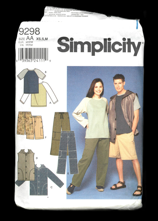 Simplicity 9298 Misses Men's and Teens Jacket or Vest, Pants or Short and Knit Top Sewing Pattern - UNCUT Size XS S M
