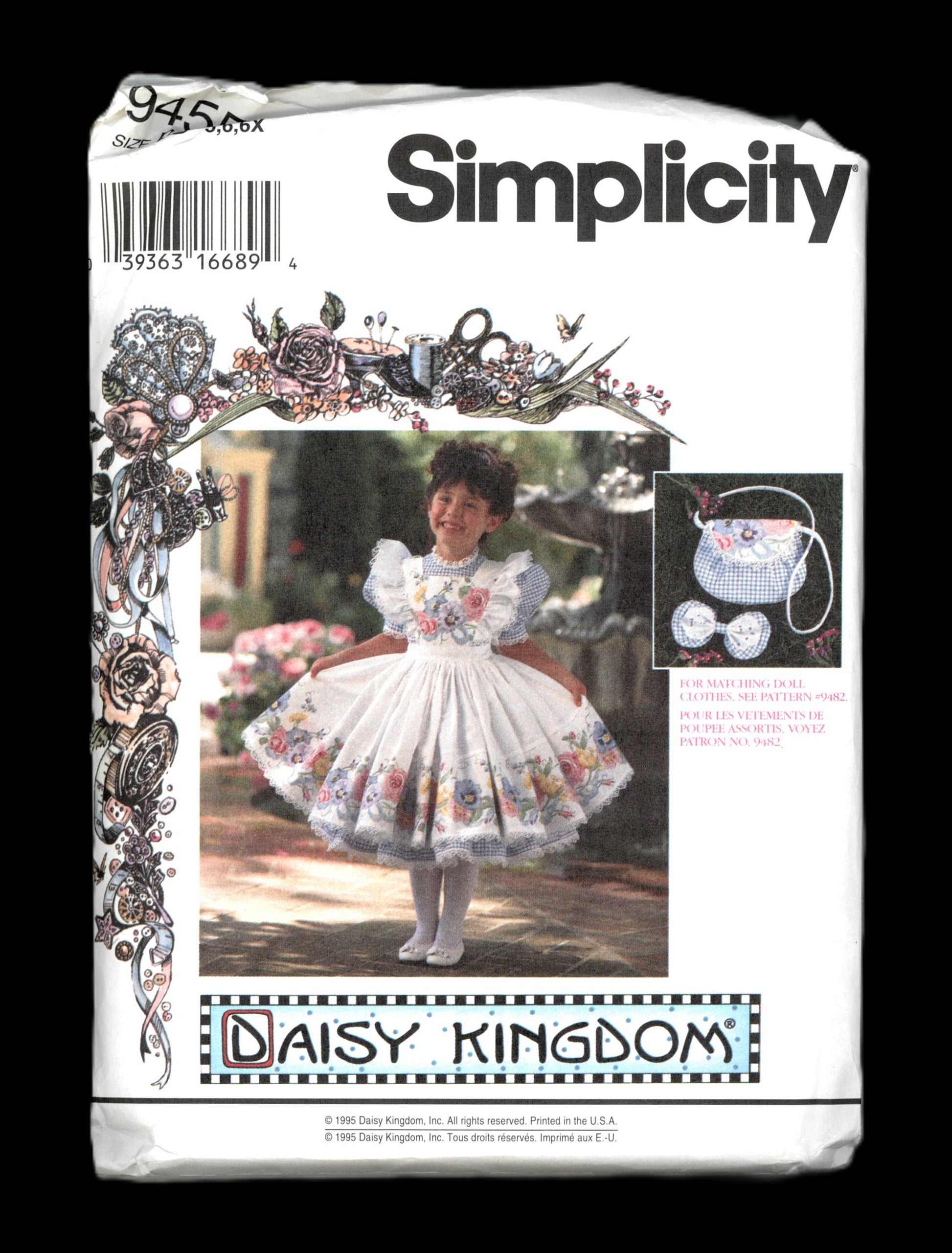 Simplicity 9455 Daisy Kingdom Childs Dress Pinafore Purse and Hairbow Sewing Pattern - UNCUT - Size 5 6 6X