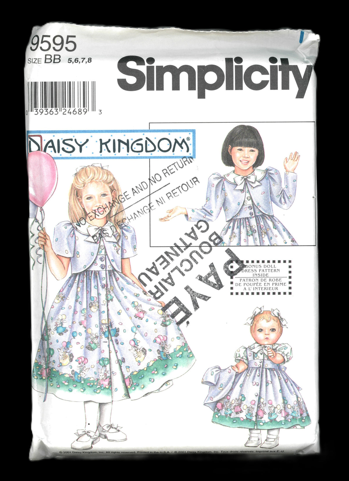 Simplicity 9595 Daisy Kingdom Girls Dress Pinafore  and Jacket and Doll Clothes for 18" Doll Sewing Pattern - UNCUT - Size 5 6 7 8