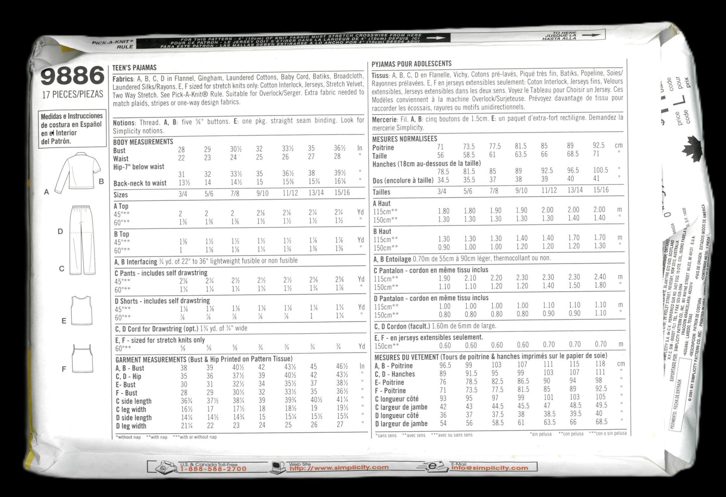 Simplicity 9886 Pajamas for Teens Sewing Pattern UNCUT Size 11/12  - 15/16