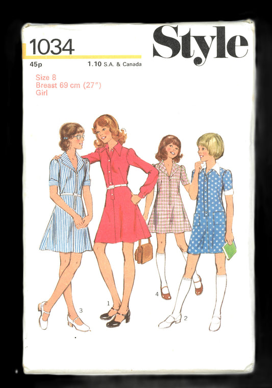 70s Style 1034 Girls Dress Sewing Pattern - UNCUT Size 8 or Size 10 or Size 12 or Size 14
