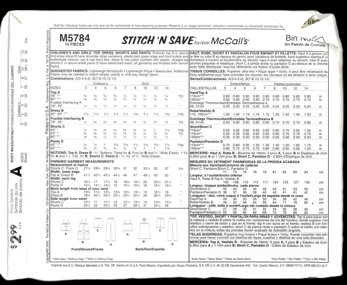 McCalls Stitch n Save 5784 Childrens Girls Tops Dress Shorts and Pants Sewing Pattern UNCUT Size 7 8 10 12 14