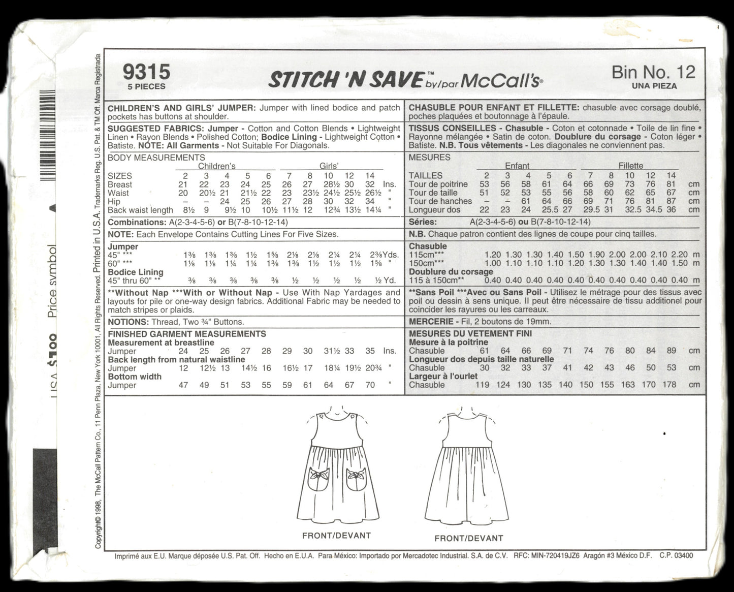 McCalls Stitch n Save 9315 Childrens Girls Jumper Pants Sewing Pattern UNCUT Size 2 3 4 5 6