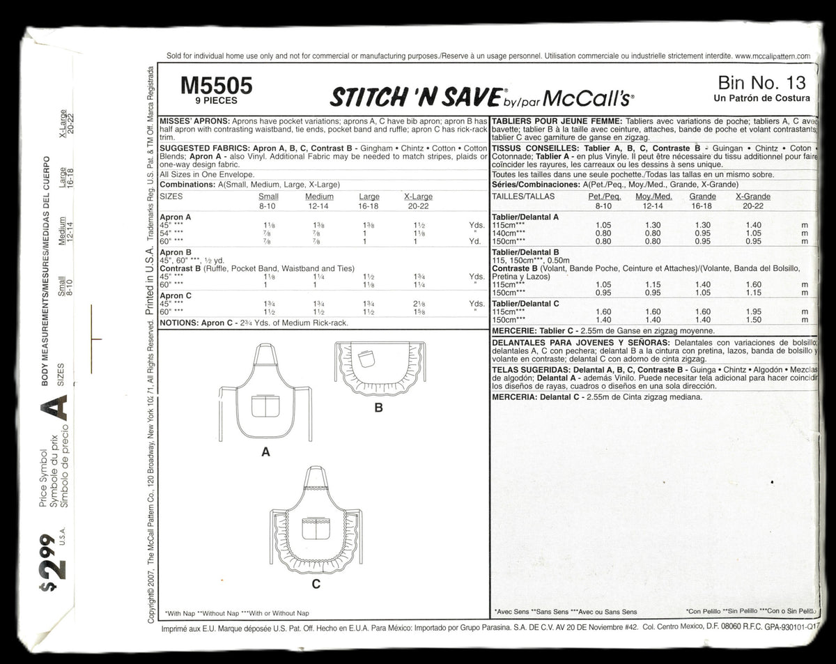Stitch N Save 5505 Misses Aprons Sewing Pattern - UNCUT Size Sml Med Lrg Xlg