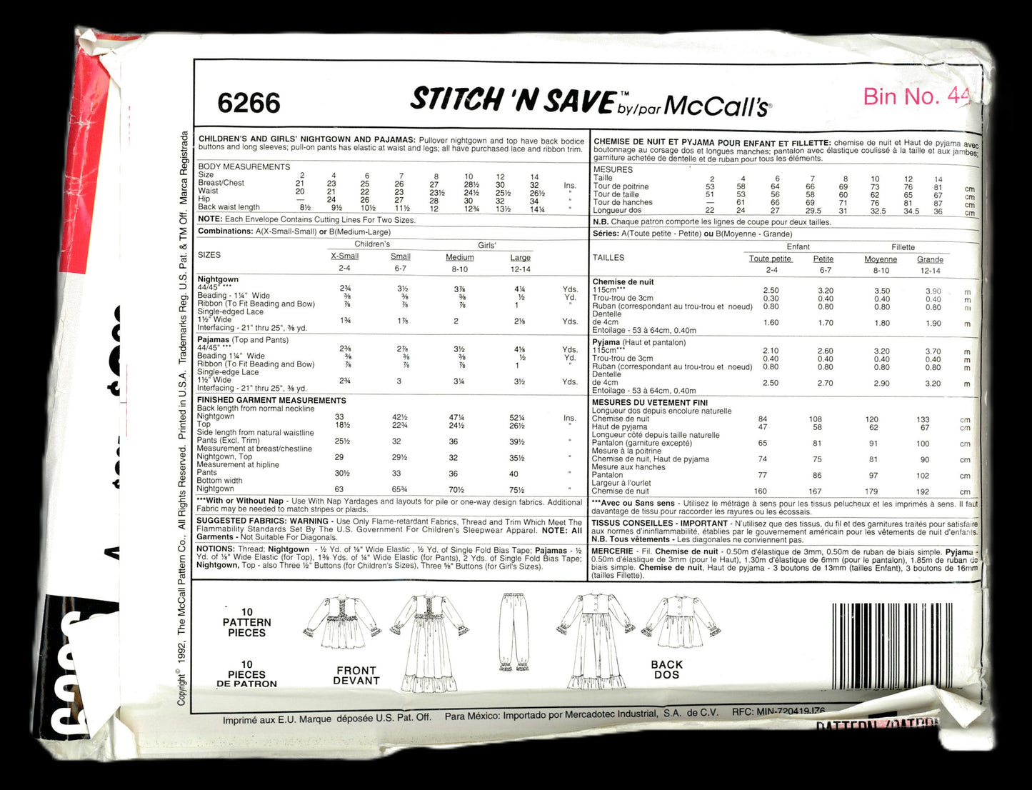 McCalls Stitch n Save 6266 Children's and Girls Nightgown and Pajamas Sewing Pattern - UNCUT - Size XS S (2 - 7)