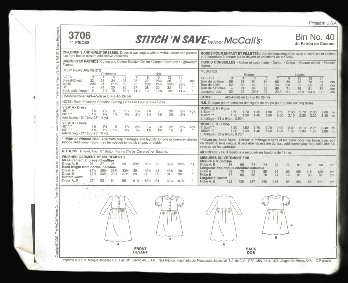 McCalls Stitch n Save 3706 Childrens Girls Dresses Sewing Pattern UNCUT Size 7 8 10 12 14