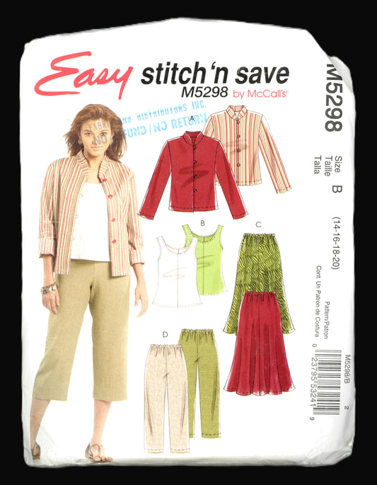 McCalls Stitch n Save 5298 Misses / Miss Petite Unlined Jacket, Top Skirt and Pants Sewing Pattern - UNCUT - Size 14 16 18 20