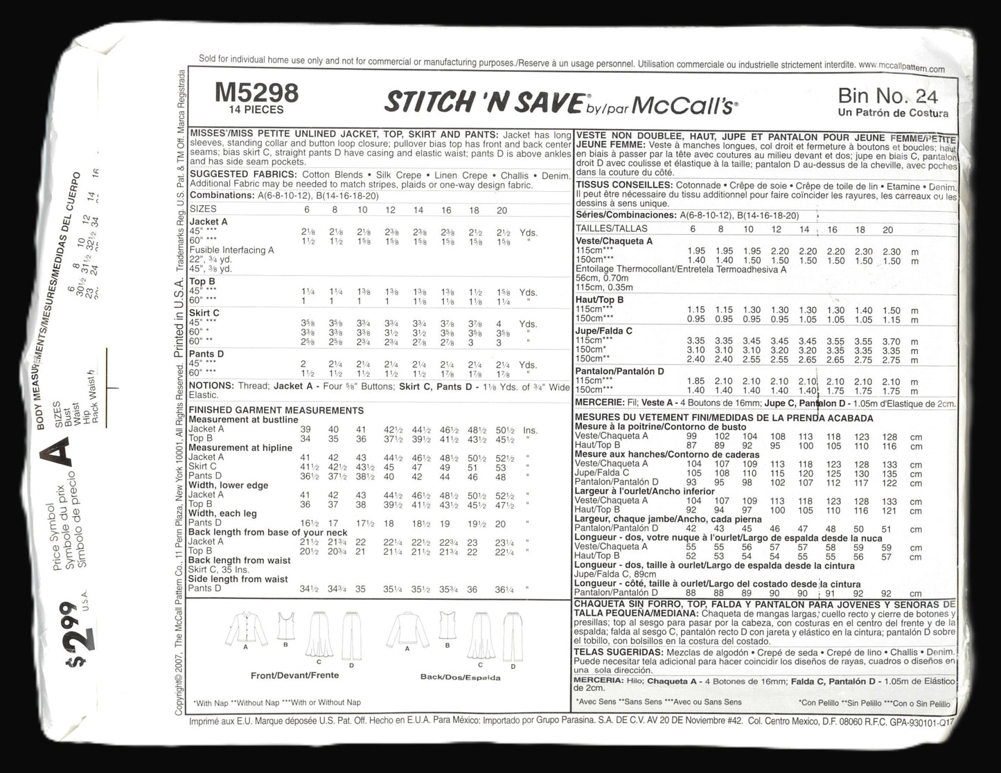 McCalls Stitch n Save 5298 Misses / Miss Petite Unlined Jacket, Top Skirt and Pants Sewing Pattern - UNCUT - Size 14 16 18 20