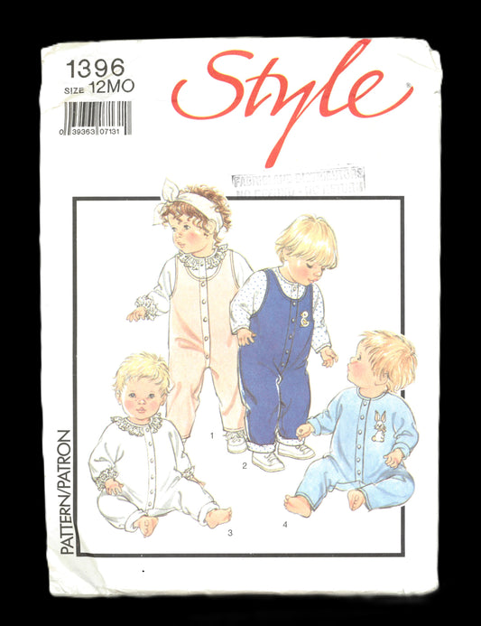 Style 1396 Babies Button Front Rompers or Blouse and Dungarees Sewing Pattern - UNCUT - Size 12 Months