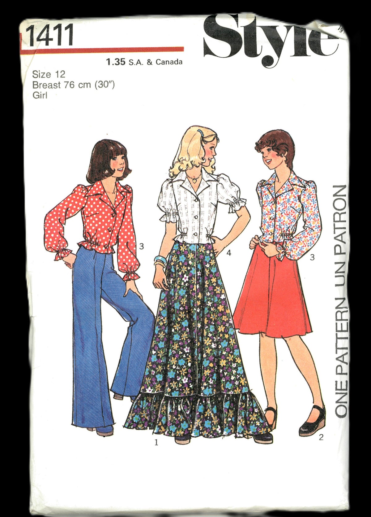 70s Style 1411 Girls Skirt in Two Lengths, Blouse and Trousers Sewing Pattern - UNCUT Size 12 or Size 14