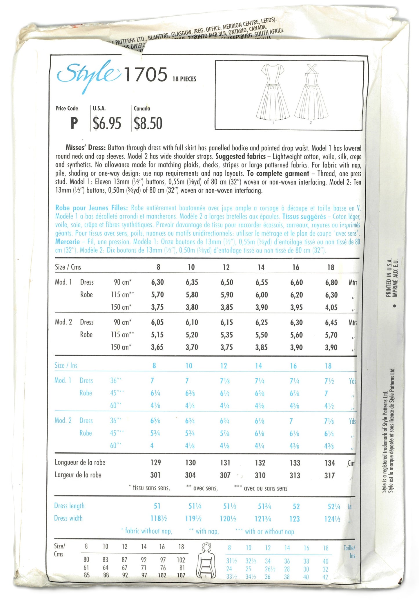 Style 1705 Misses Dress Sewing Pattern - UNCUT - Size 8 - 18
