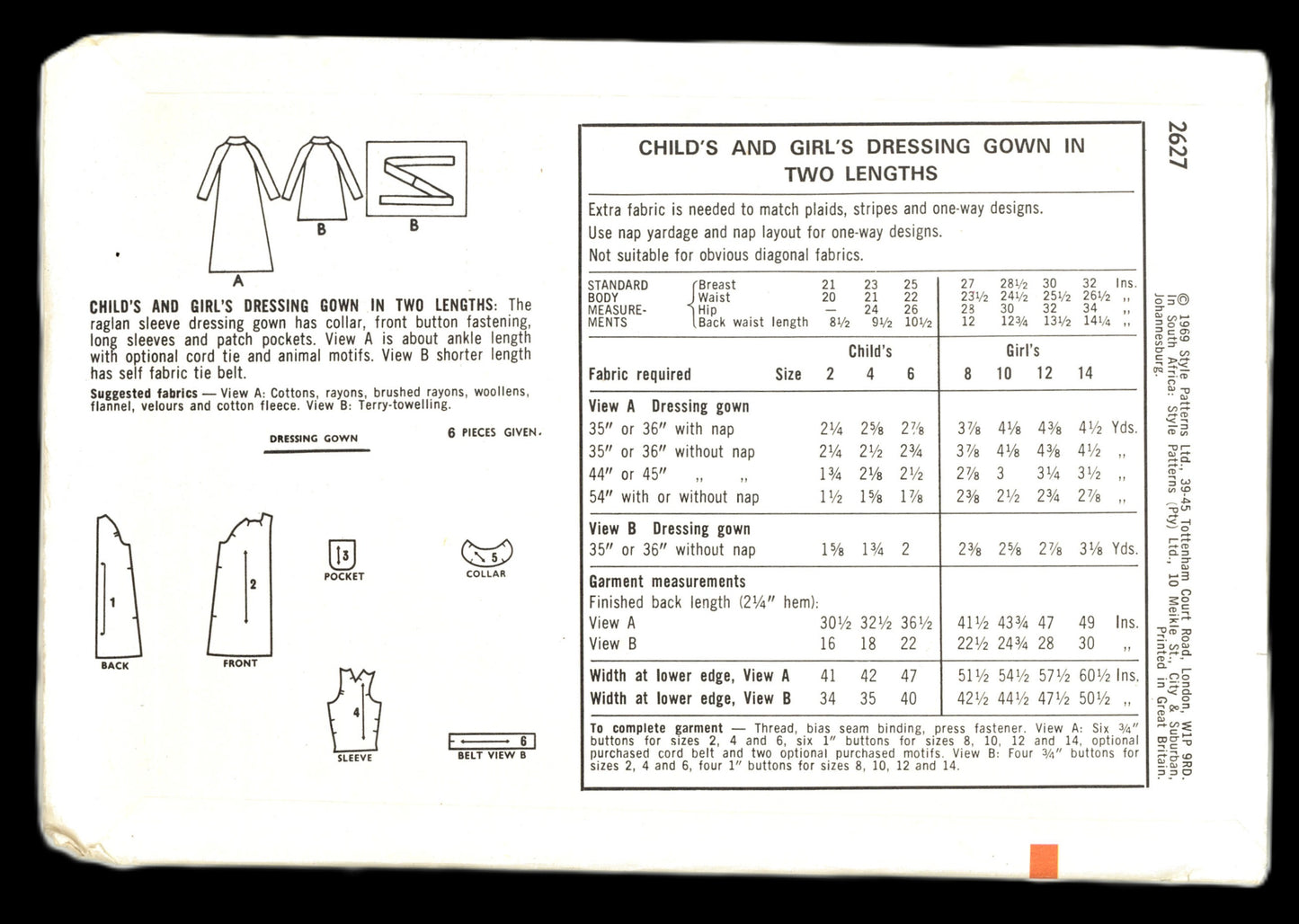 60s Style 2627 Girls Dressing Gown in Two Lengths Sewing Pattern UNCUT Size 8