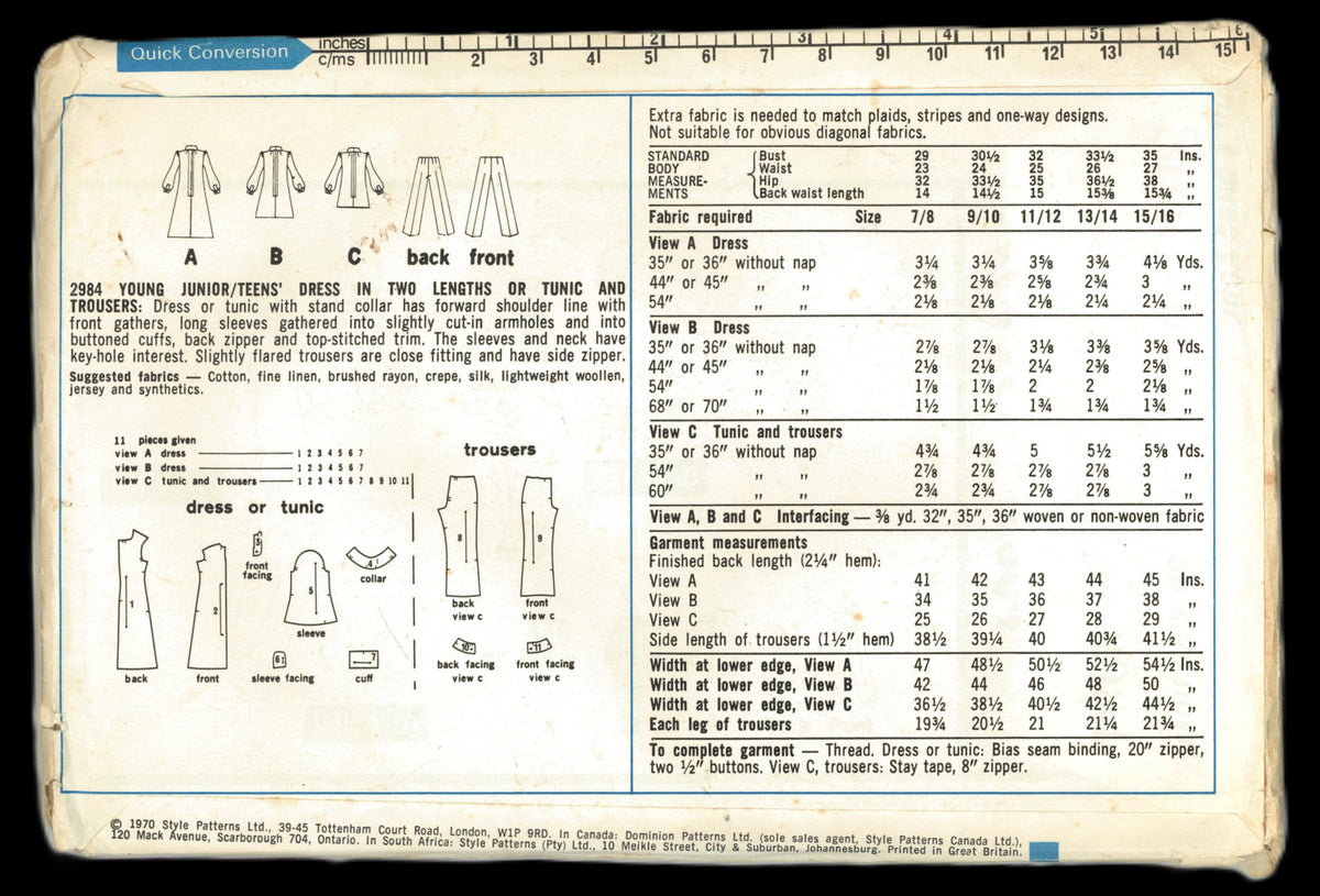 Style 2984 Young Junior / Teens Dress in Two Lengths or Tunic and Trousers Sewing Pattern UNCUT Size 9/10 Bust 30 1/2"