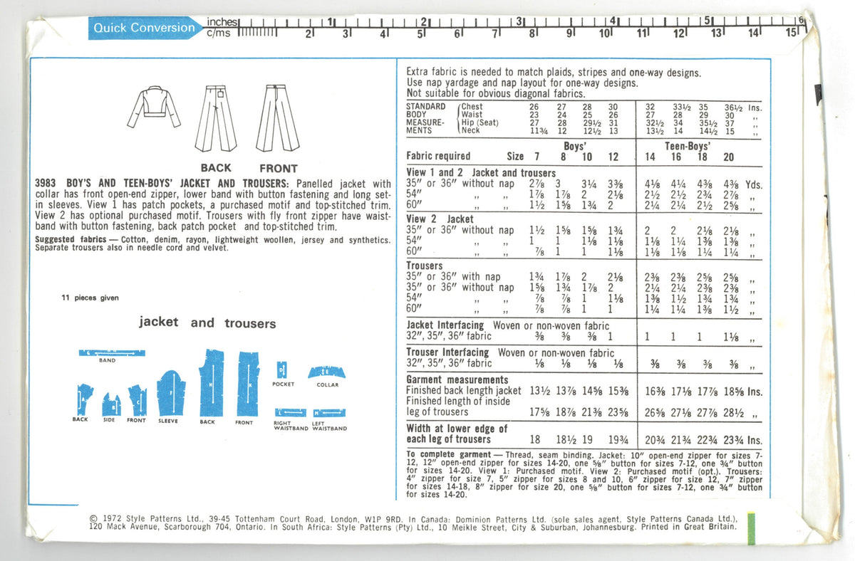 70s Style 3983 Childs Boys Jacket and Trousers Sewing Pattern - UNCUT Size 7 or Size 8 or Size 10