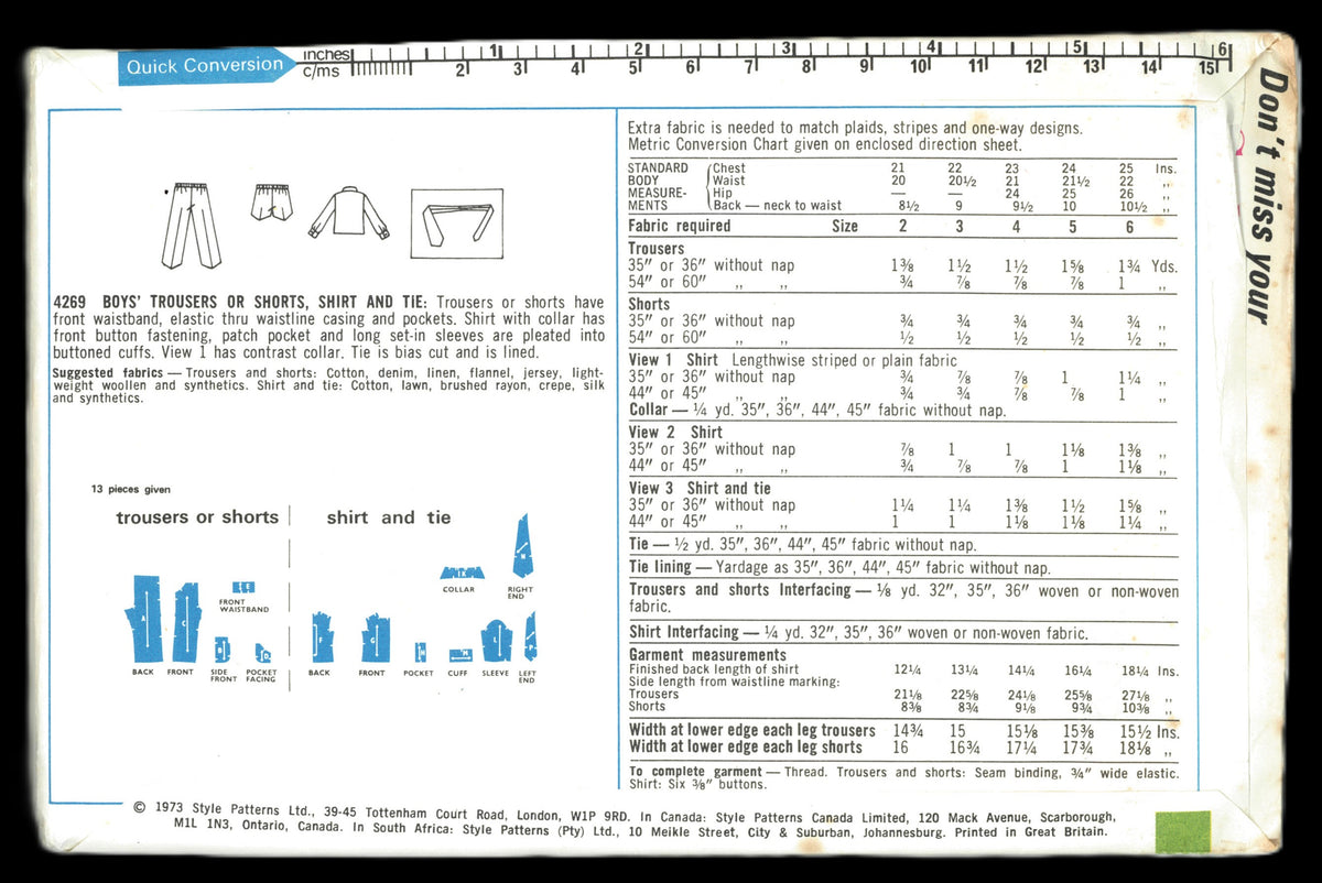 Style 4269 Boys Trousers or Shorts, Shirt and Tie Sewing Pattern UNCUT Size 2 or Size 3 or Size 5 or Size 6
