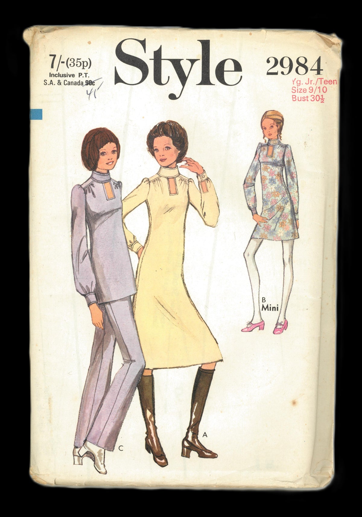 Style 2984 Young Junior / Teens Dress in Two Lengths or Tunic and Trousers Sewing Pattern UNCUT Size 9/10 Bust 30 1/2"