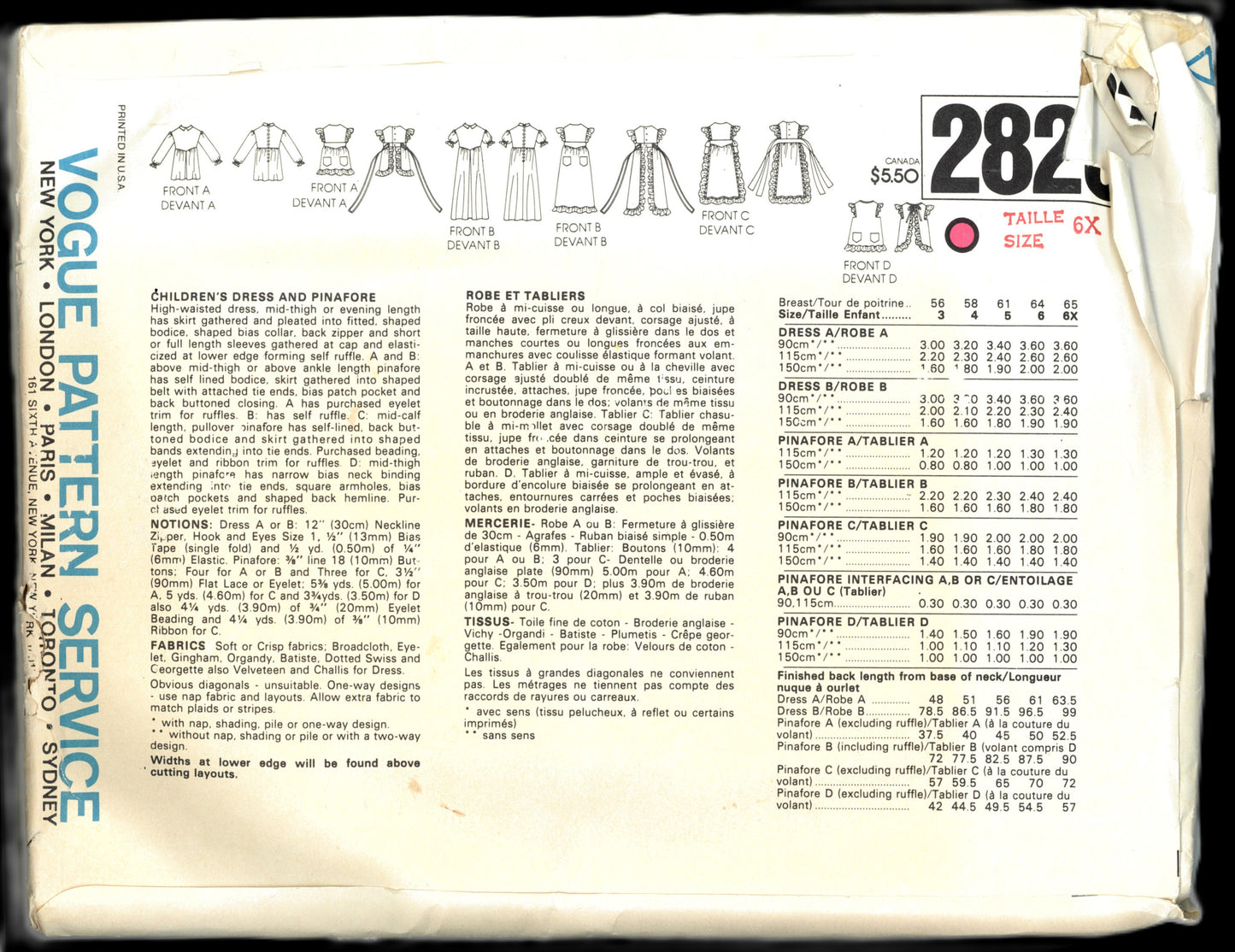 Vogue 2823 Little Vogue Childrens Dress and Pinafore Sewing Pattern  - UNCUT - Size 6x