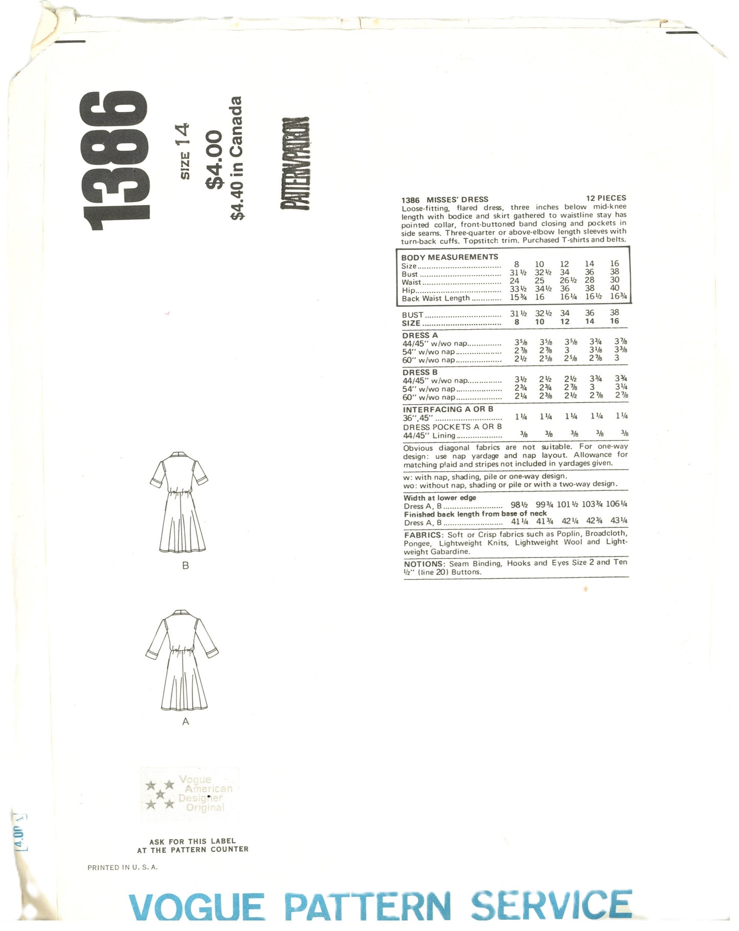 Vogue 1386 Anne Klein Misses Misses Dress Sewing Pattern - UNCUT - Size 14