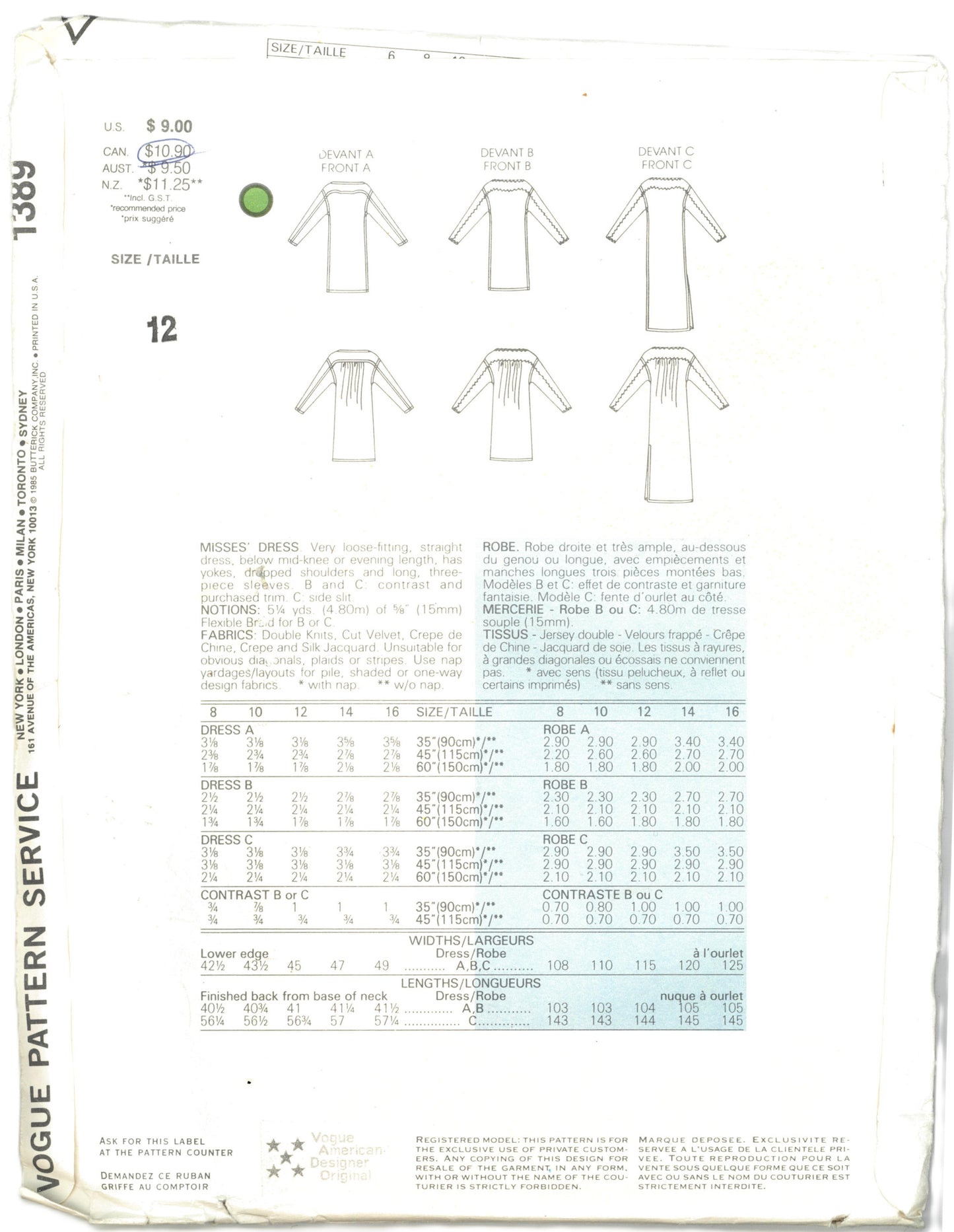 Vogue 1389 Geoffrey Beene Misses Dress Sewing Pattern - UNCUT - Size 12