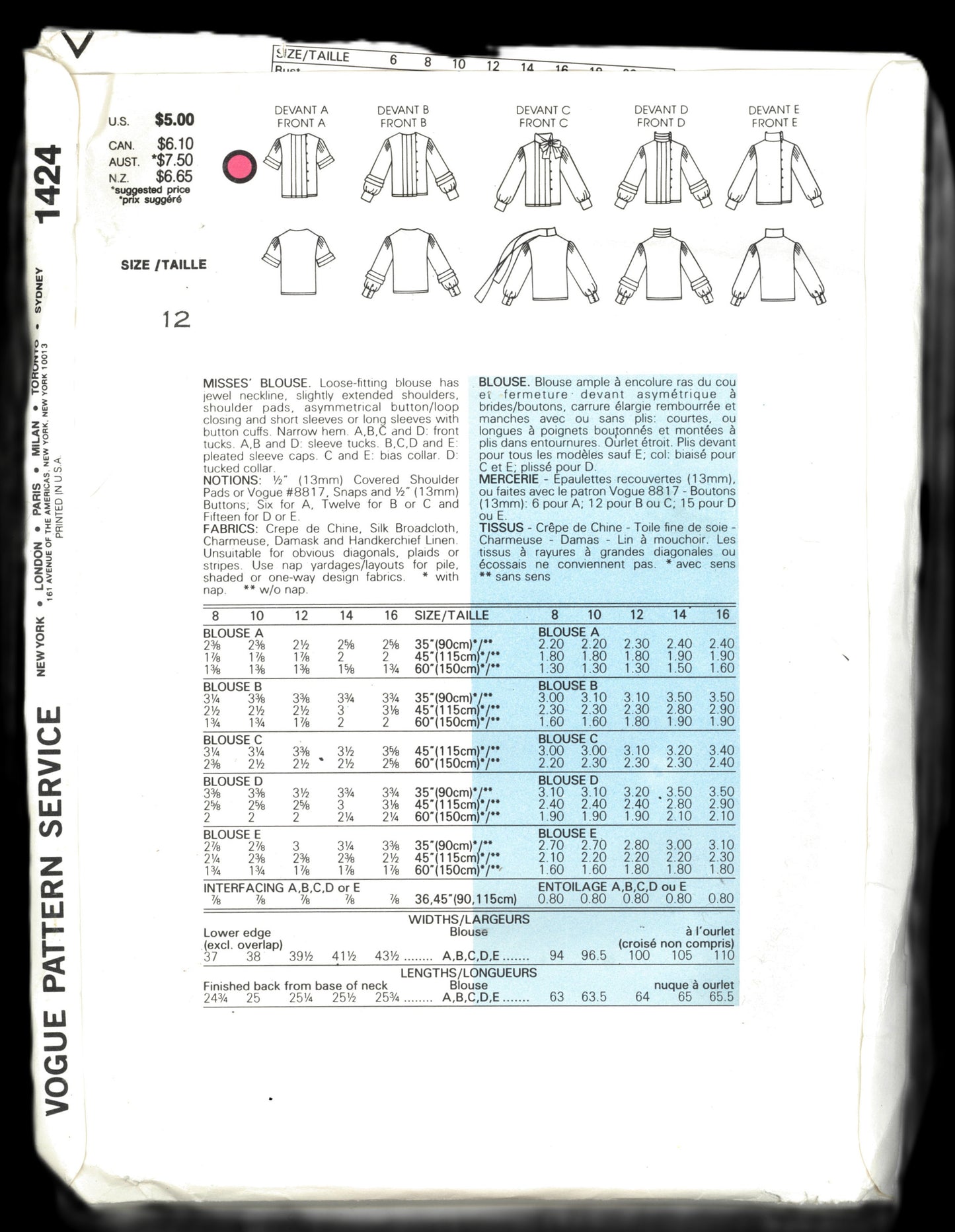 Vogue 1424 Misses Blouse Sewing Pattern - UNCUT - Size 12