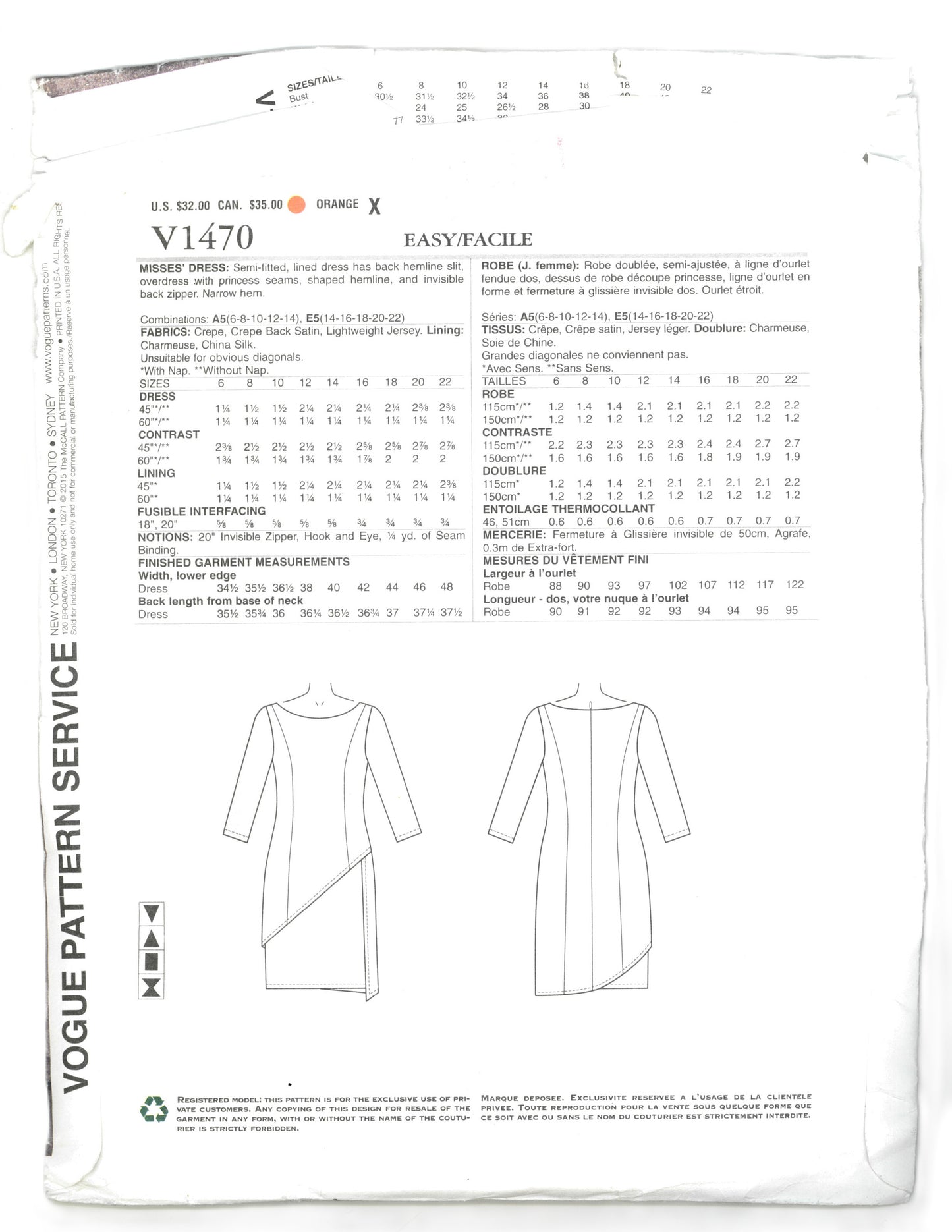 Vogue 1470 Tom and Linda Platt Misses Dress Sewing Pattern - UNCUT - Size 6 8 10 12 14