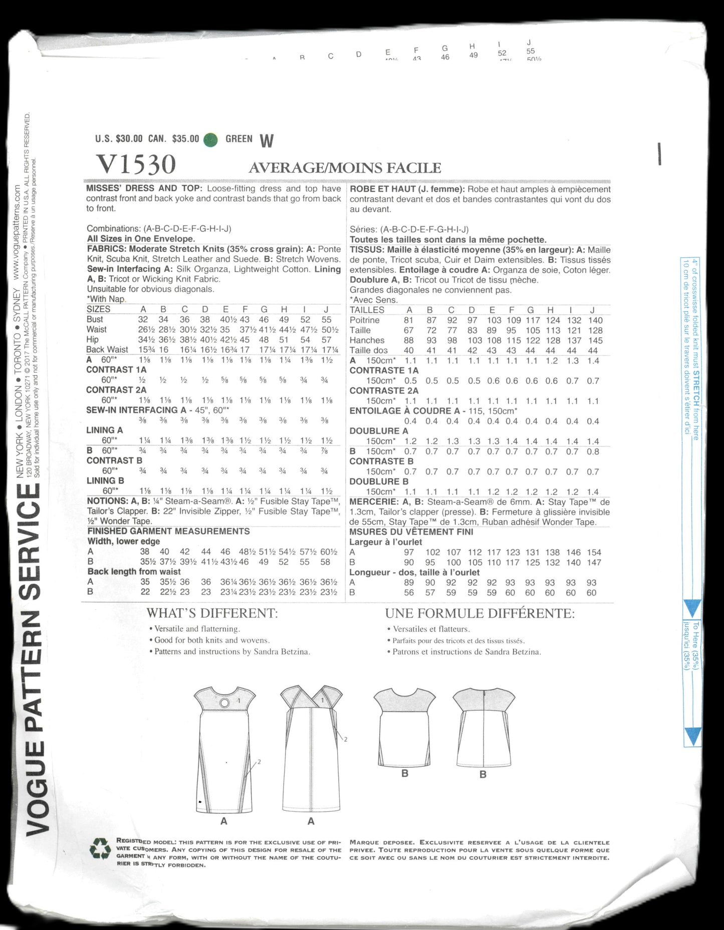 Vogue 1530 Sandra Betzina Misses Dress and Top Sewing Pattern - UNCUT - Size A B C D E F G H I J