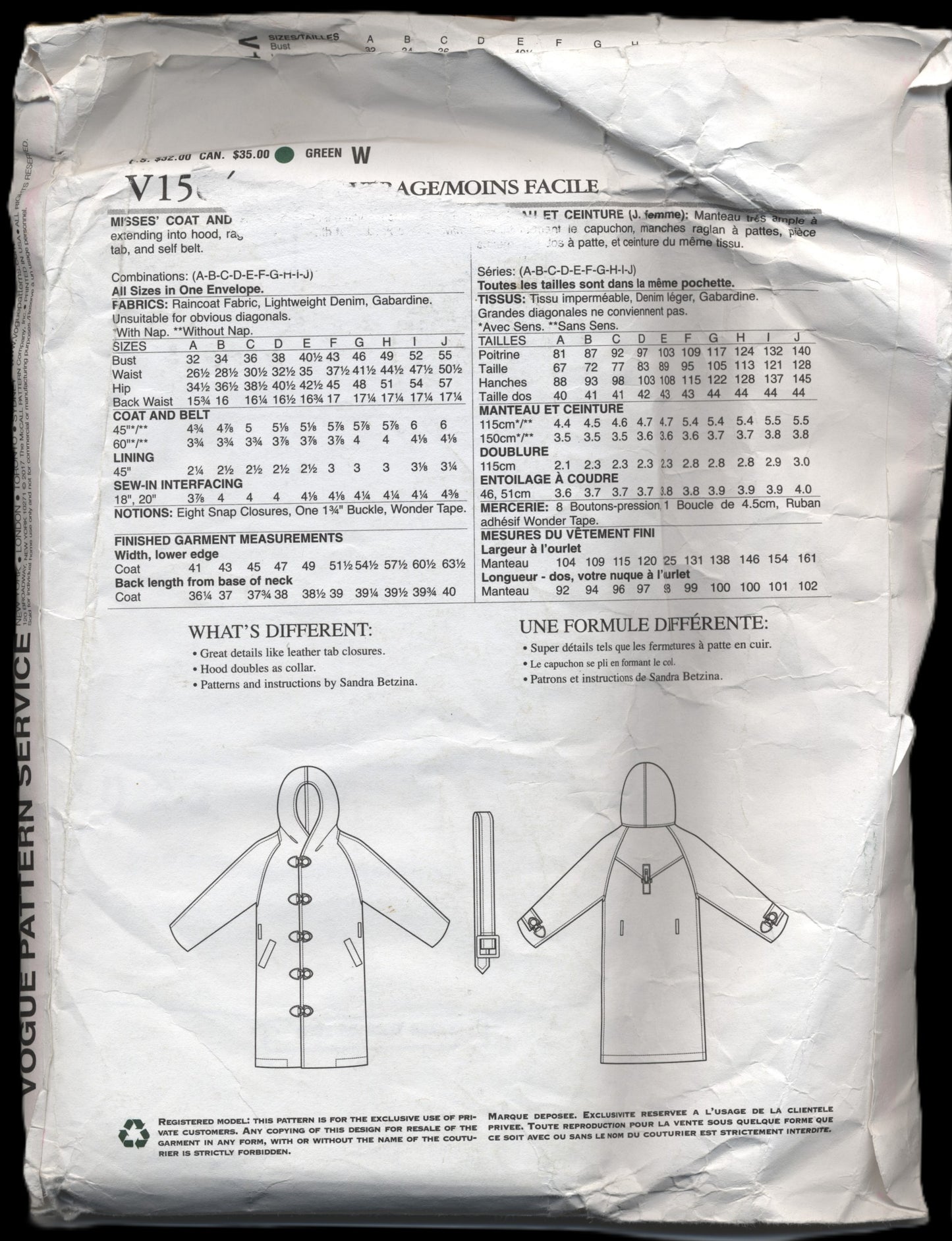 Vogue 1564 Sandra Betzina Misses Coat and Belt Sewing Pattern - UNCUT - Size A B C D E F G H I J