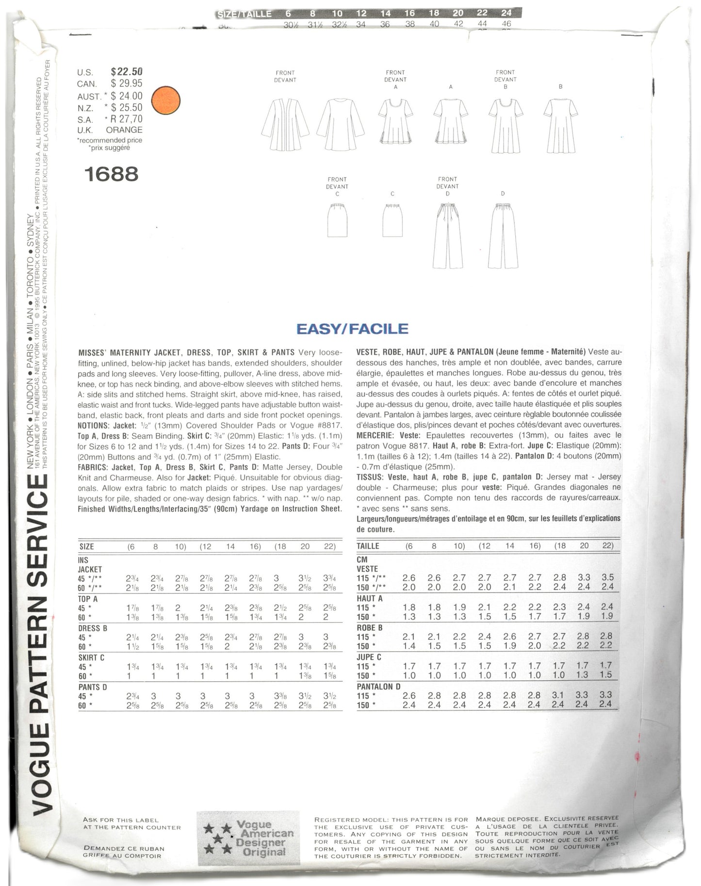 Vogue 1688 Misses Lauren Sara Maternity jacket Dress Top Skirt and Pants Sewing Pattern - UNCUT - Size 6 8 10