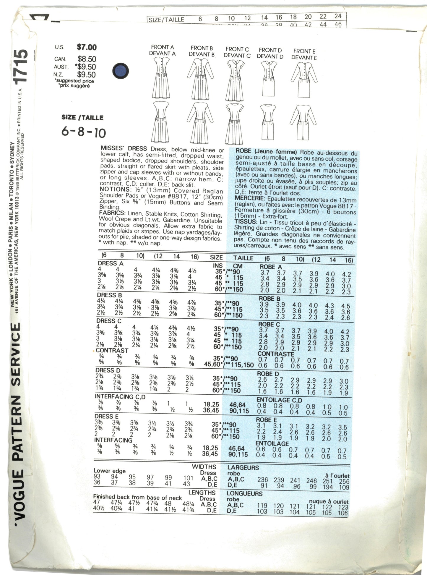Vogue 1715 Misses Dress Sewing Pattern - UNCUT - Size 6 8 10