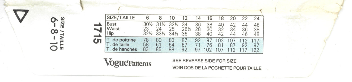 Vogue 1715 Misses Dress Sewing Pattern - UNCUT - Size 6 8 10
