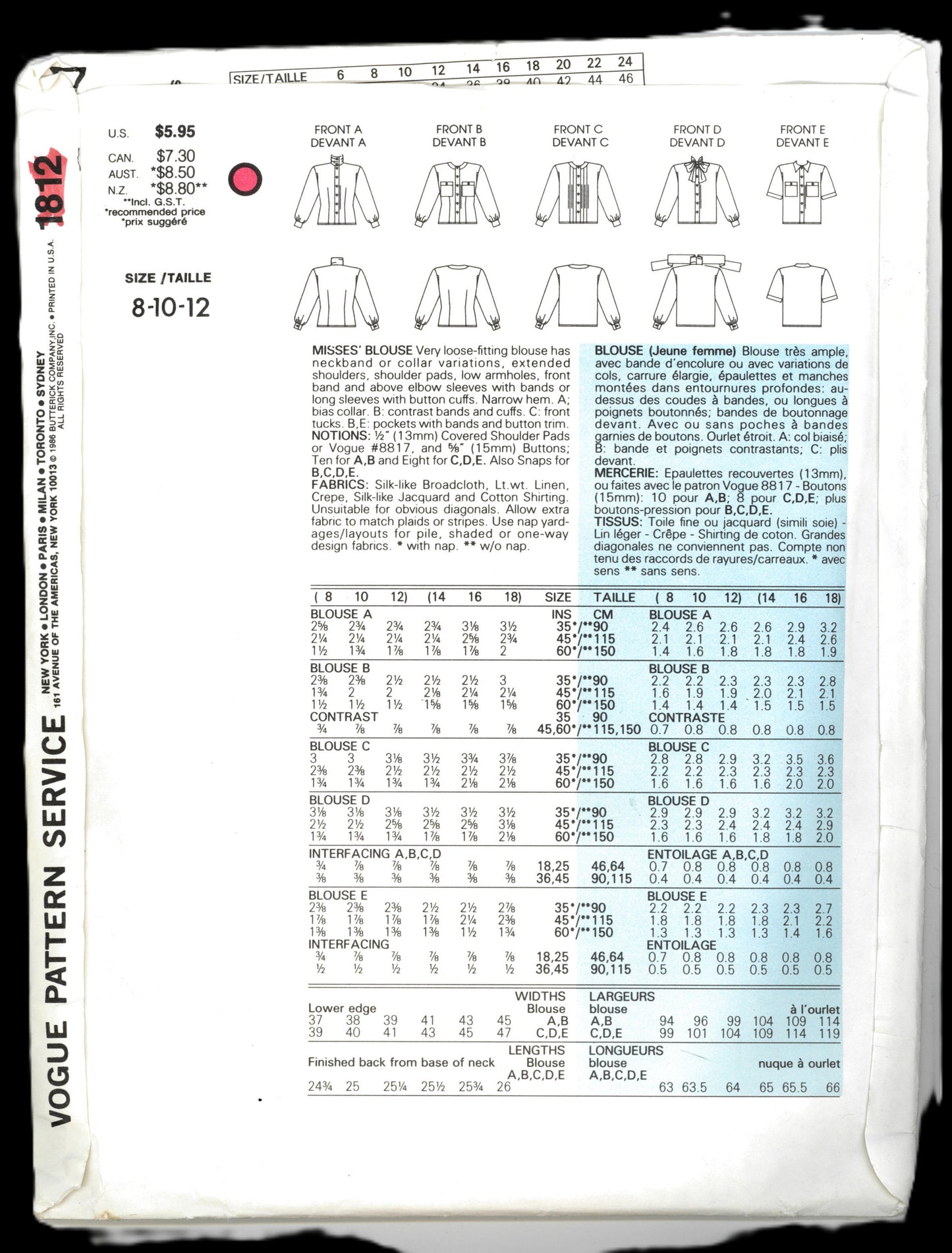 Vogue 1812 Misses Blouse Sewing Pattern - UNCUT - Size 8 10 12