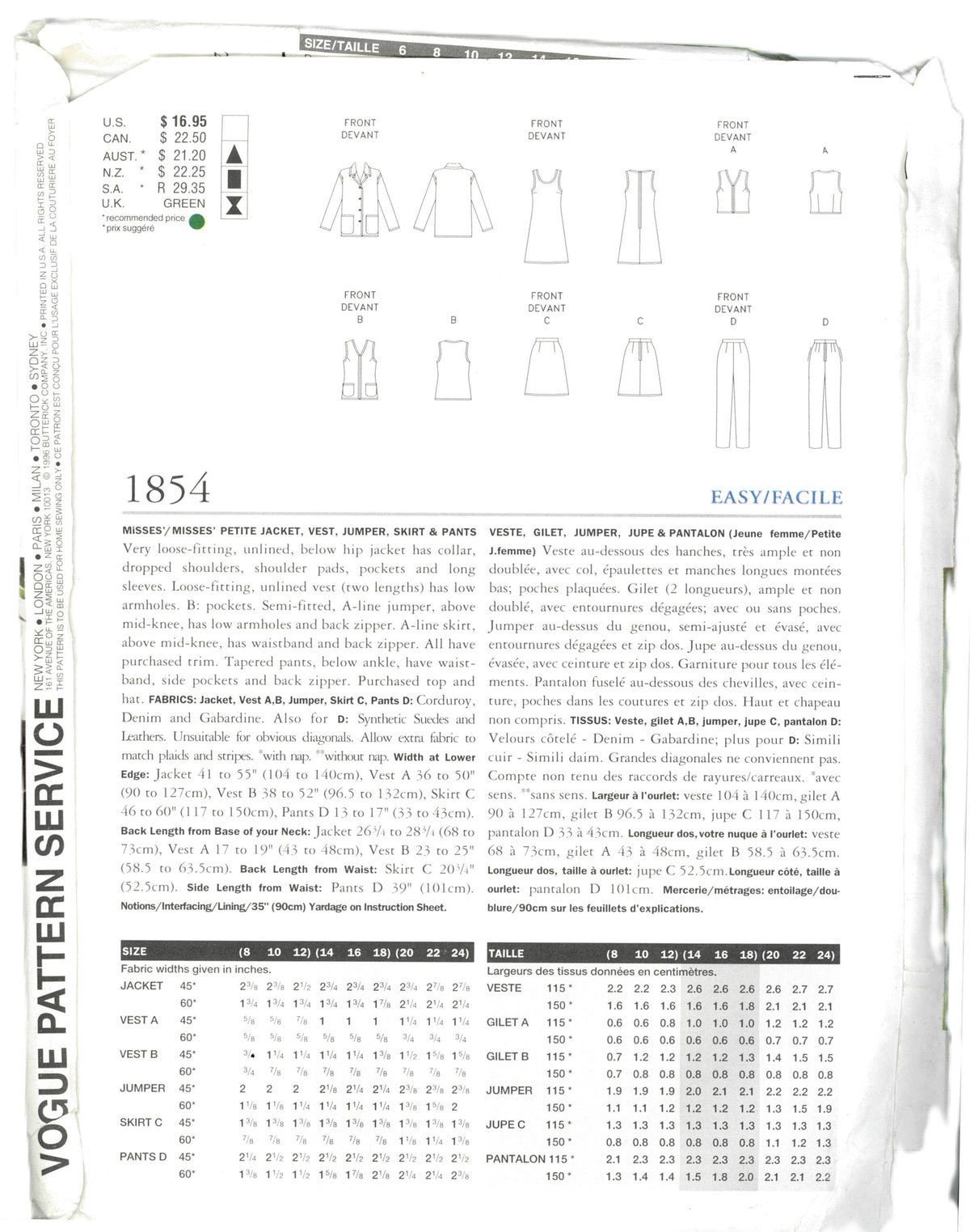 Vogue 1854 Misses /  Miss Petite Jacket Vest Jumper Skirt and Pants Sewing Pattern - UNCUT - Size 20 22 24