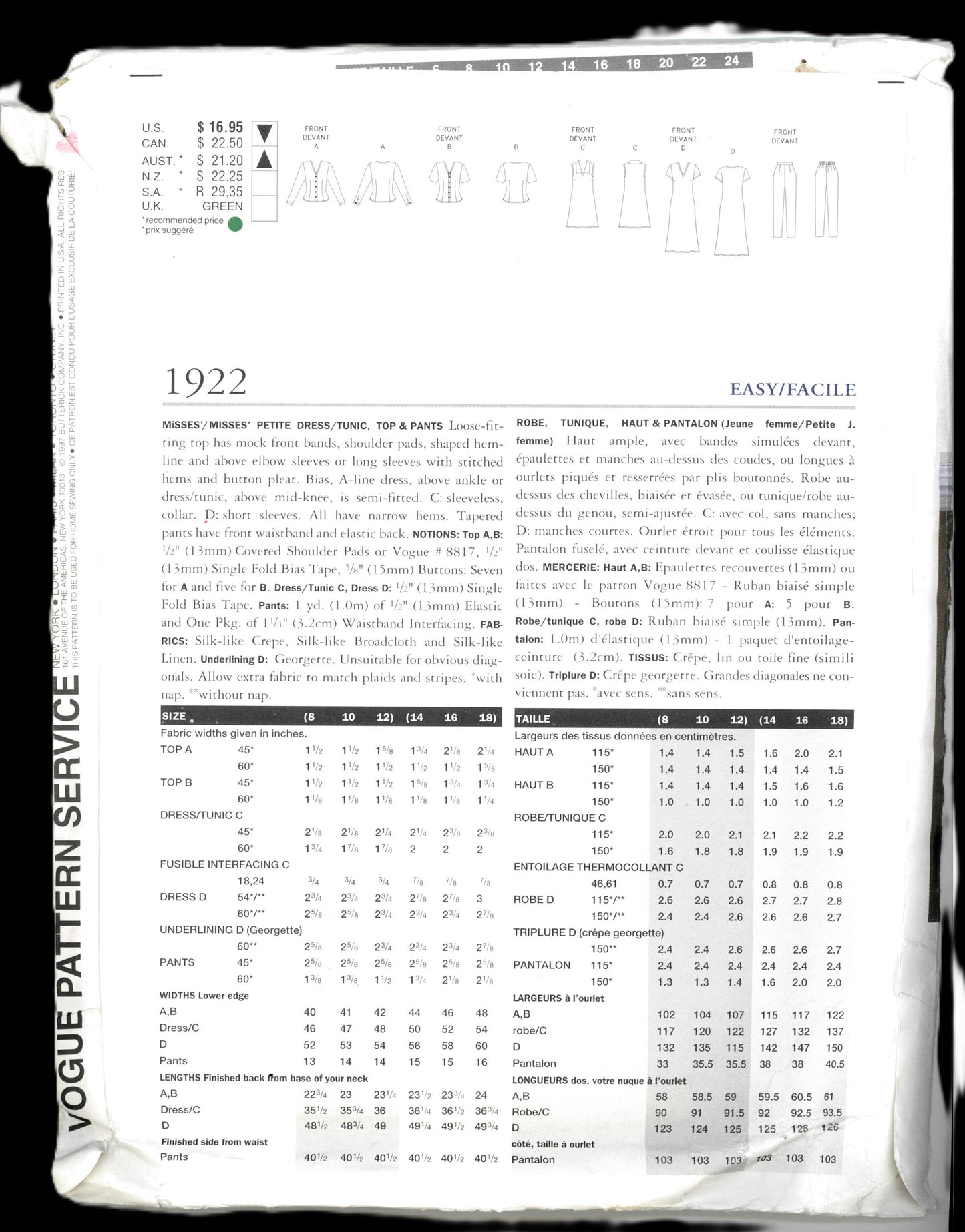 Vogue 1922 Misses / Miises Petite Dress / Tunic Top & Pants Sewing Pattern - UNCUT - Size 8 10 12