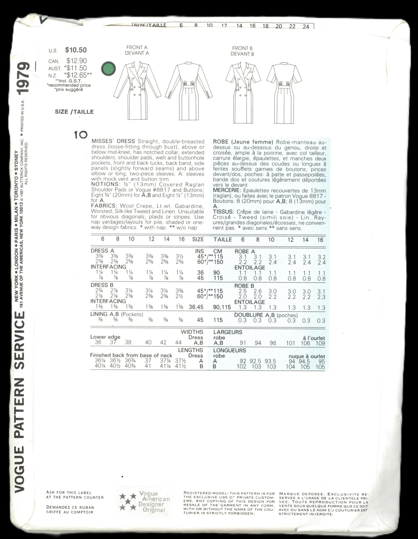 Vogue 1979 Ralph Lauren Misses Dress Sewing Pattern - UNCUT - Size  10