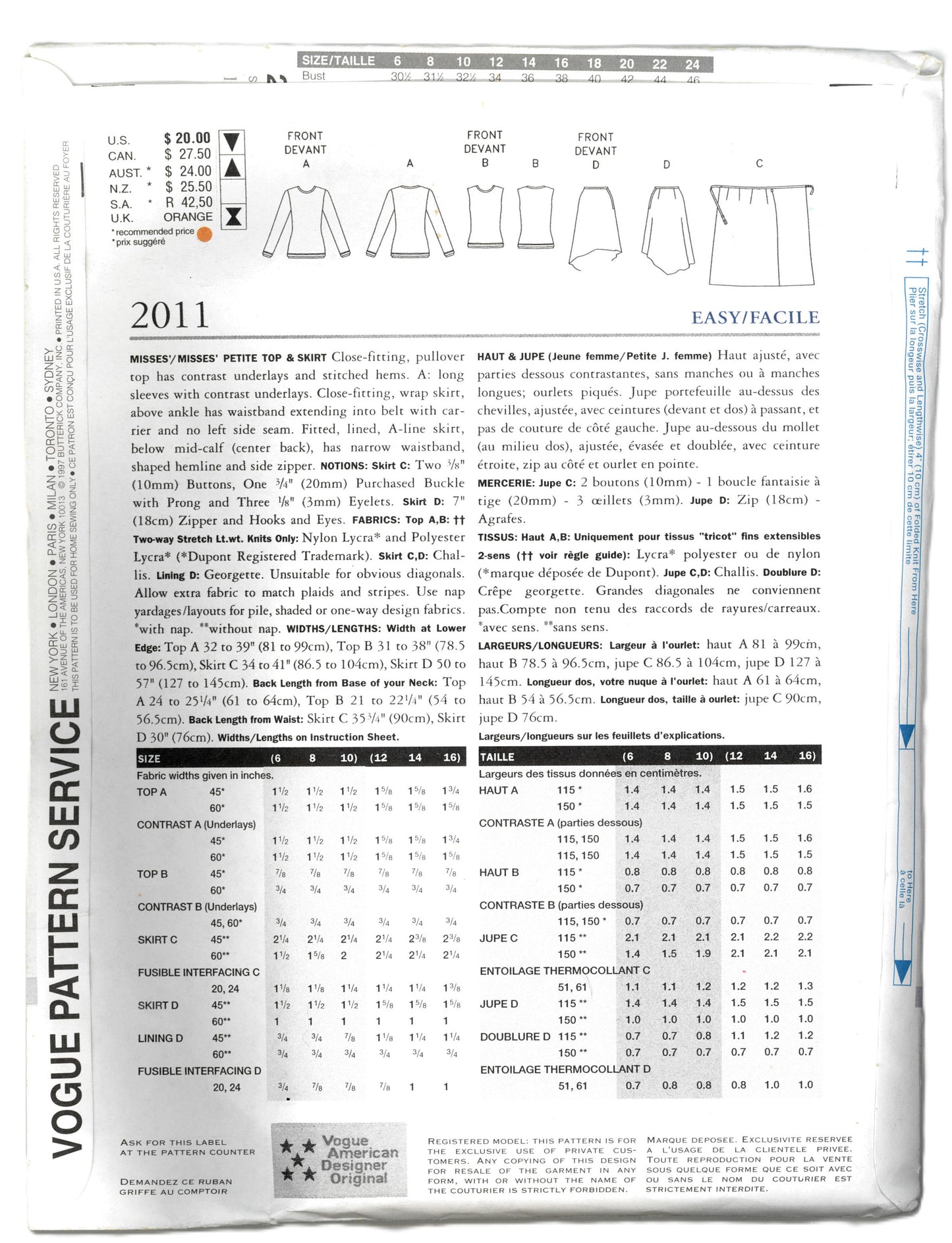 Vogue 2011 Calvin Klein American Designer Misses / Misses Petite Top and Skirt Sewing Pattern - UNCUT - Size 12 14 16