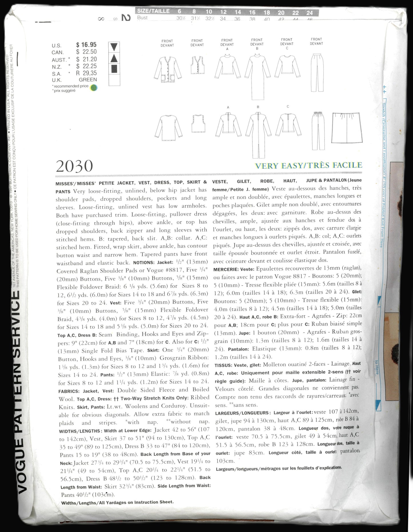 Vogue 2030 Misses / misses Petite Jacket Vest Dress Top Skirt and Pants Sewing Pattern - UNCUT - Size 8 10 12